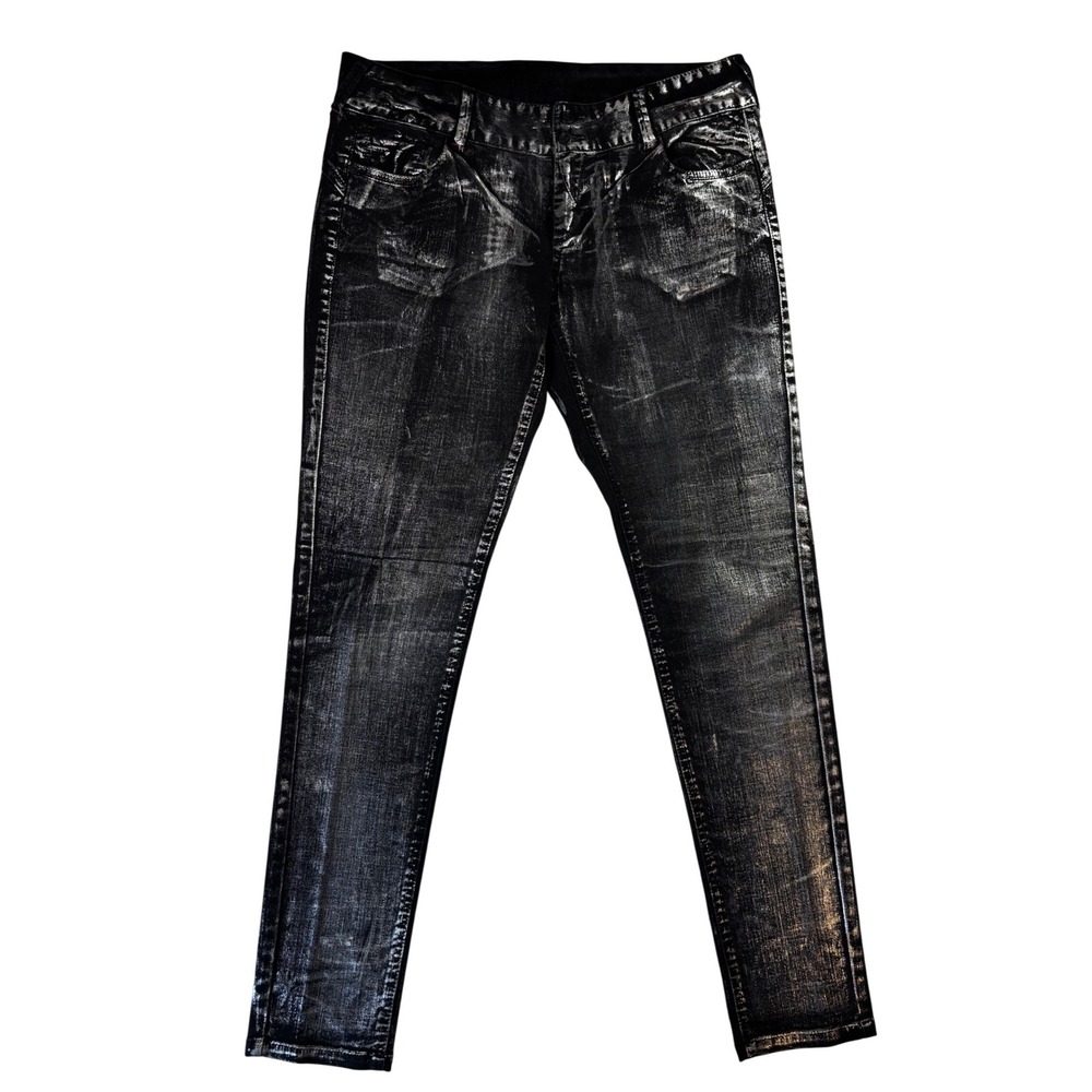 Bebe Jeans Womens 31 Argent Wash Metallic Silver Foil Black Skinny Jeans Stretch